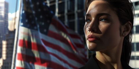 A woman is standing in front of an American flag. She is wearing a black dress and red lipstick - Powered by Adobe