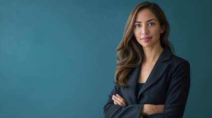  Portrait of a confident business woman in a black suit with her arms crossed looking at the camera on a blue background, a female leader or professional manager standing over isolated background