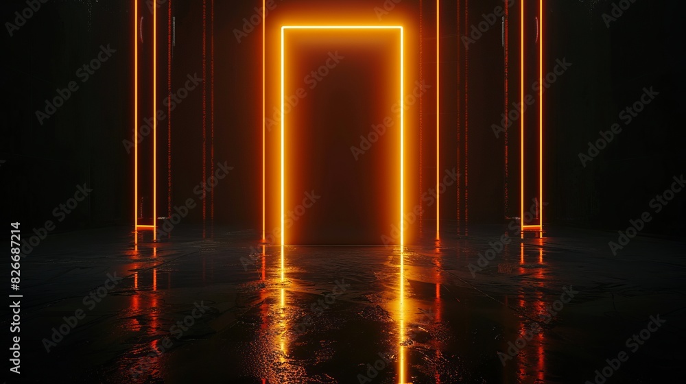 Poster 3d rendering of abstract door with orange light in dark empty stage room - surreal and futuristic sc