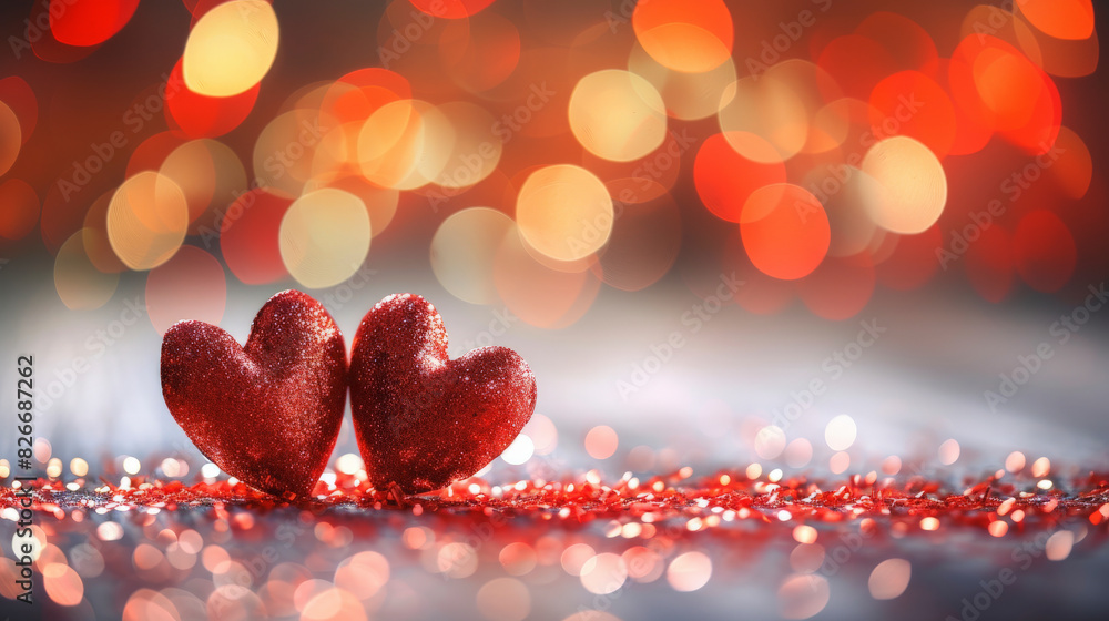 Poster two red glittery hearts standing close together on a reflective surface with a bokeh light effect in