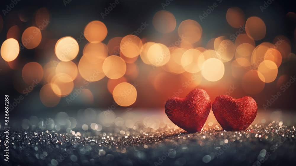 Aufkleber two red, sparkly heart-shaped objects sit closely on a glittery surface with a soft, bokeh light bac