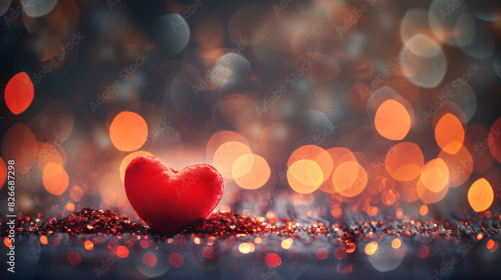Aufkleber a red heart-shaped object rests on a glittery surface against a bokeh background of warm lights, cre