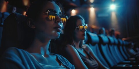 Two women are sitting in a movie theater, wearing sunglasses and watching a movie. Scene is relaxed and casual, as the women are enjoying a leisurely activity together - Powered by Adobe