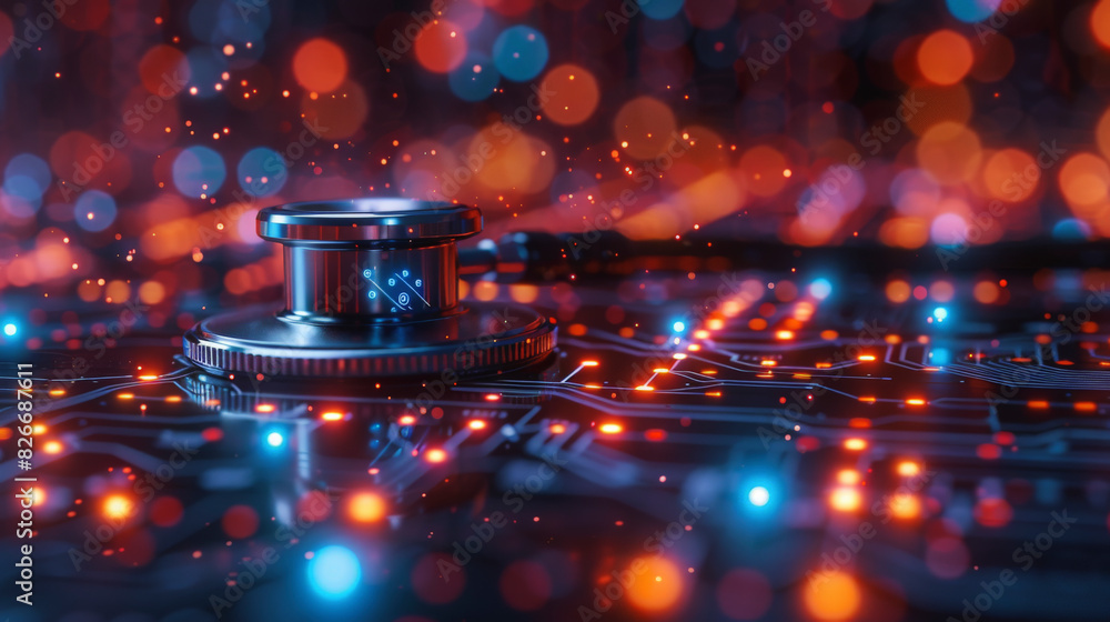 Poster this image shows a conceptual illustration of a stethoscope on a circuit board, symbolizing the inte