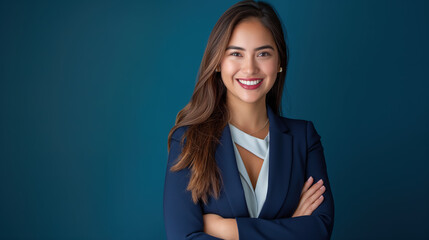  Portrait of smiling business woman in blue suit standing with arms crossed on dark background, confident female executive looking at camera isolated over deep sea color background