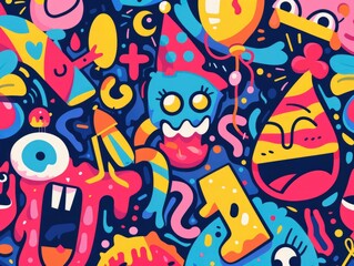 A colorful and playful promotional wallpaper featuring cartoonish elements and celebratory icons, ideal for a cheerful new year campaign.