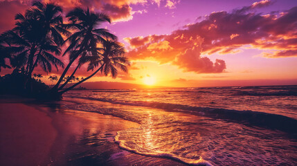 Stunning Tropical Beach Sunset with Palm Trees and Vibrant Sky
