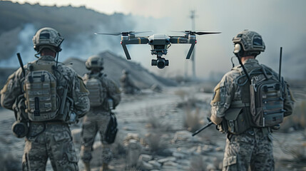 Obraz premium Soldier uses drone for reconnaissance missions