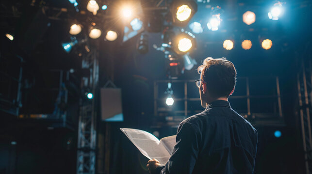 Theater director reading script on stage. A theater director reviews a script under the stage lights, preparing for a performance.