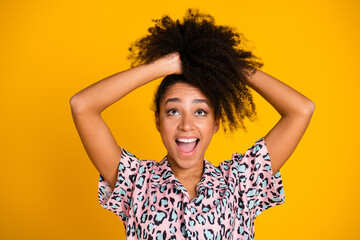 Photo portrait of lovely young lady raise hair excited look up dressed stylish leopard print...