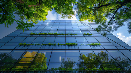 A sustainable green building designed with eco-friendly features and energy-efficient systems to minimize environmental impact and promote a healthier living environment