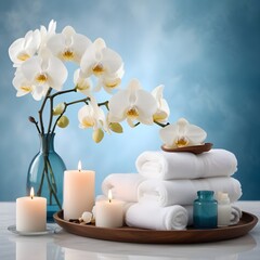 White orchid flowers in a vase, white towels, candles