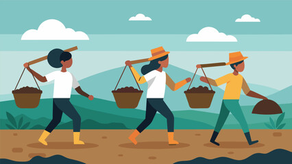 Fototapeta premium Groups of workers carrying handheld baskets filled to the brim with damp peat on their backs as they make their way out of the bog.. Vector illustration