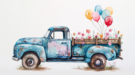 Watercolor truck with flowers and balloos, celebrating concept
