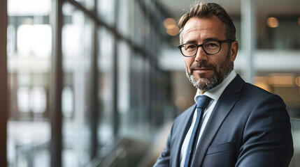 Fototapeta premium Confident businessman portrait, corporate office setting. Portrait of a confident mature businessman in a modern office, conveying experience and success.