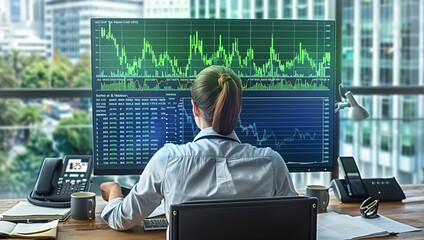 Businesswoman is working with multiple screens, reading market changes, reports, analysing data. City view in the window at background