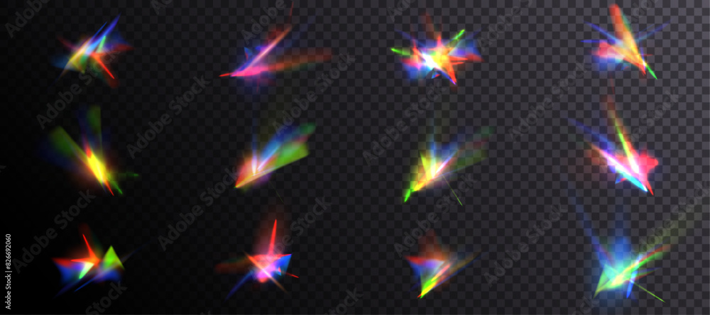 Poster Set of prism distortion effects. Abstract diamond caustics, lens light effects and a colorful set of crystal lens flare vector overlays. Glowing bright rays and colorful light effects. Vector 10 EPS