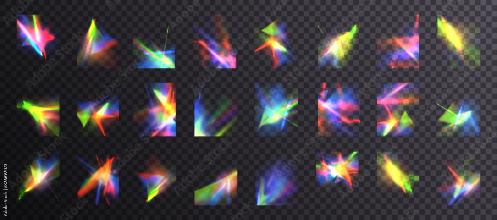 Poster rainbow light rays, lens flare, reflection effect from crystal, glass or gem. vector realistic illus