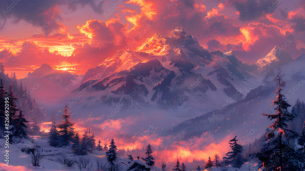 Wall mural sunset over the mountains