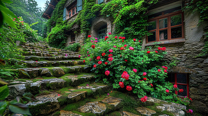 Obraz premium Beautiful old English house, mansion with well established private garden and stone path