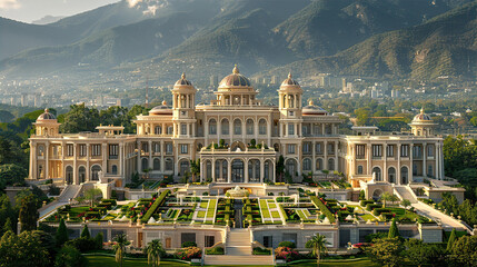 Beautiful palace with regular park and fountains, inspired by palaces of 18-19th centuries. History, travel and culture concept. Drone camera photo