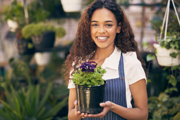 Smile, flower and woman in portrait for gardening, greenhouse and plant care, bouquet and nursery...