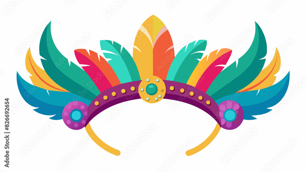 Poster a vibrant and colorful headband with feathers and sequins embodying the wearers playful and whimsica