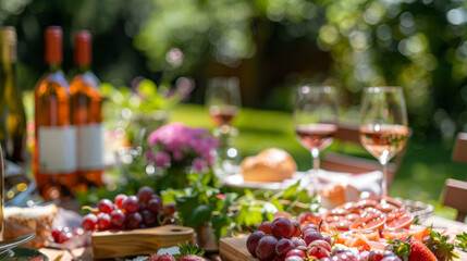 Summer Picnic Perfection, Explore our vibrant HD image of a lush backyard picnic, featuring a close-up of a table laden with delicious foods and wine. 