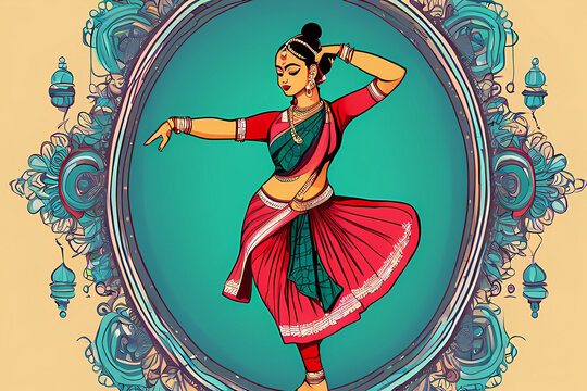 illustration of girl dancing Indian classical dance bharatnatyam pose