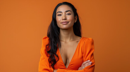  beautiful woman with long black hair, wearing an orange dress and standing in front of the camera against a solid color background