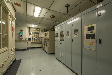 Wideangle view of a control room with various electrical switchgear and panels