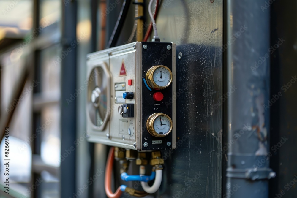 Poster closeup of a complex control panel mounted on a metal structure, with dials and emergency stop butto