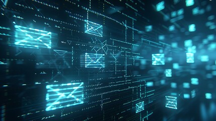 Obraz premium Binary code and email symbol on dark blue background.