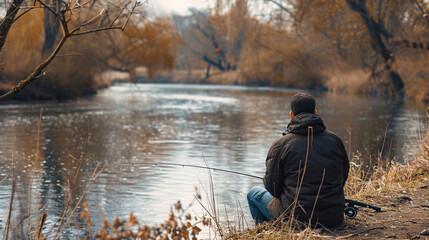 Obraz premium Fisherman enjoying peaceful autumn day on riverbank. Man sits on riverbank with fishing rod, enjoying the peace and quiet of nature on a crisp autumn day.