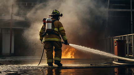 Portrait Rear view of Firefighter fighting flames with a fire hose water spray pipe. Firefighters in suit and helmet
