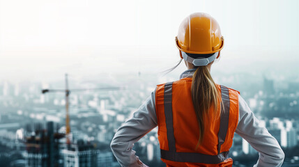 Fototapeta premium female construction worker looking at a large building project, created with generative AI technology