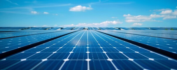 Rows of solar panels gleaming in the sun, set against a bright blue sky, symbolizing clean energy and sustainability