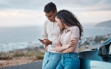 Couple, phone and reading on road trip, vacation and search for direction on digital map with smile by ocean. Man, woman and happy with smartphone, scroll and outdoor for holiday on travel with app