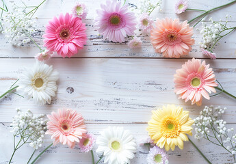 Spring theme with colorful flowers on a rustic wooden background