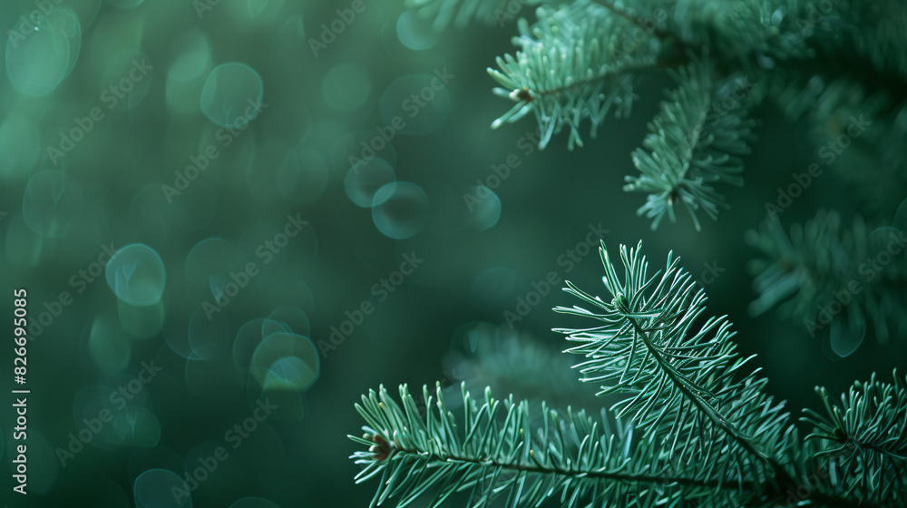 Poster pine tree branches on bokeh background. tranquil image of evergreen pine tree branches with blurred 