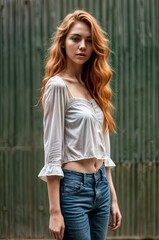 A woman in a white top and blue jeans stands against the background of a city wall