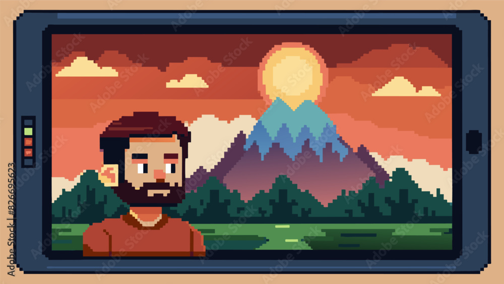 Poster a pixelated landscape created with a drawing tablet depicting the artists fluctuating emotions throu