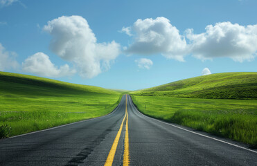 Fototapeta premium Endless Road Through Green Grass and Blue Sky 