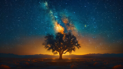 Star-Filled Night Sky Above a Joshua Tree in a Stunning Desert Scene