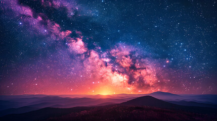 Naklejka premium Starry Night Sky Illuminating the Peaks of a Majestic Mountain Range