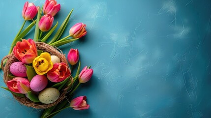 Easter banner featuring a basket of eggs and vibrant tulips on a blue background with space for text