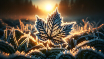 Frosted leaf with sunrise in the background.
