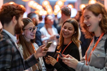 Group of diverse professionals networking and chatting using smartphones at conference.