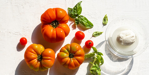 Mozzarella Bufala, Cherry and Ox's Heart tomatoes and basil. Italian Southern Ingredients for summer recipes, Mediterranean diet, farmers  healthy food. White background, sunlight, summer vibes