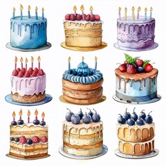 cute soft pastel watercolor party cake and candles hand drawn watercolor vector set 
